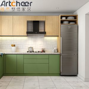 Custom U Shape Kitchen Cabinet Green Color L Shape Base Cabinets Set With Marble