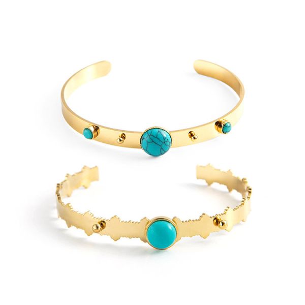 Buy Natural Stone Turquoise 18K Gold Plated Bangles For Women Adjustable at wholesale prices