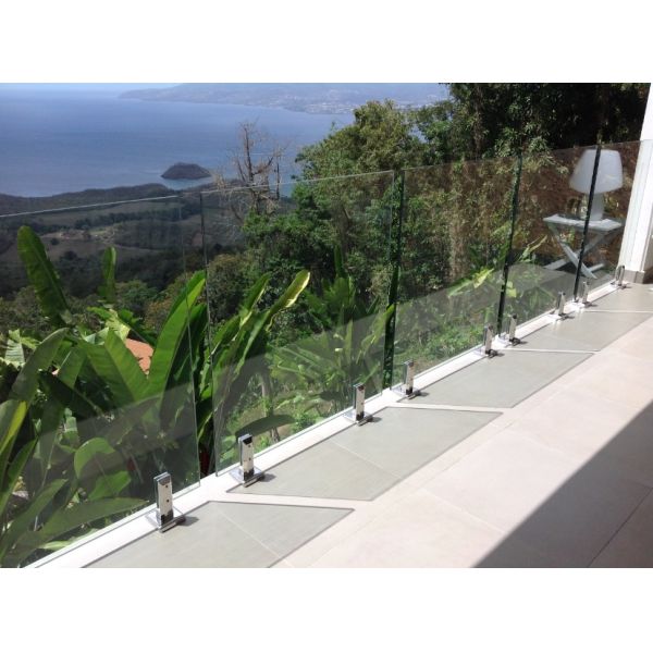 Round Steel Frameless Glass Balcony Railing Outdoor With Solid Wood Handrail
