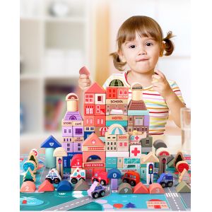 2700g Beech Wooden City Building Blocks 115pcs Wooden Bricks Toys