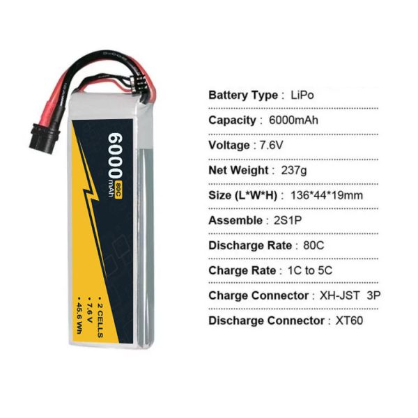 6000mAh 7.6v 2s1p Lipo Battery Remote Control Boat Battery High Voltage