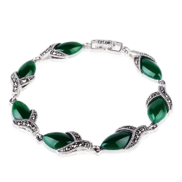 925 Silver Thailand Vintage Green Agate Women Bracelet (LB001)