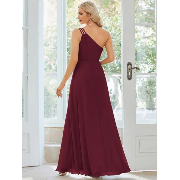 Asymmetry Custom Size Spaghetti Strap One-shoulder A-line Burgundy Flowy Chiffon Evening Dress