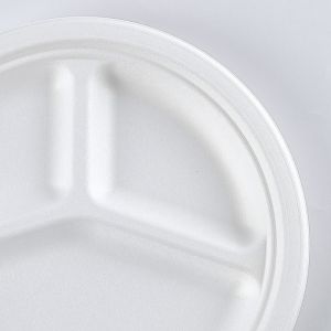 3 parts Round White Dessert Sugarcane Biodegradable sugarcane Disposable Plate