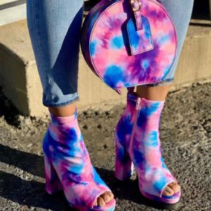 Colorful Tie Dye Open Toe Ladies High Heeled Boots With Side Zipper