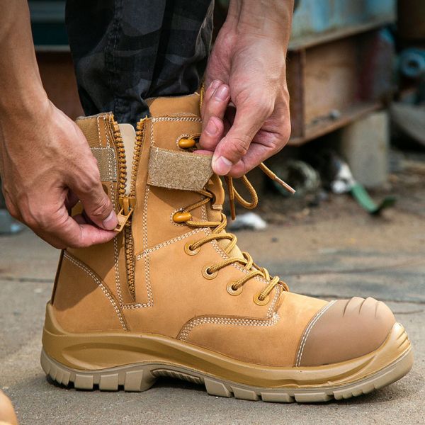 Buy Wheat Cowhide Rubber Sole Glass Fiber Toe Security Guard Work Boots Anti Smashing Kevlar Anti-Proof Work Shoes at wholesale prices