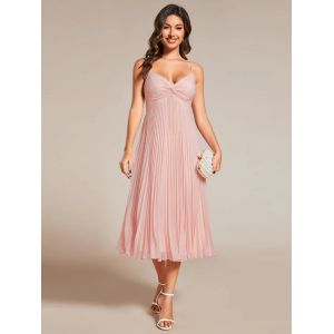V-neck Empire Midi Pink Chiffon Stacked Pleating Backless Wedding Guest Dress