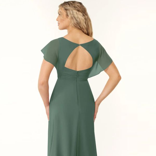 Customized Plus Size Elegant Pleated Chiffon Long Bridesmaid Dress A-Line Short Sleeves V-Neck Keyhole Back