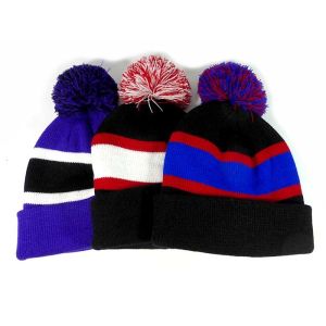 Black And White Strips Knit Pom Pom Beanie For Adults Embroidery Logo Founded