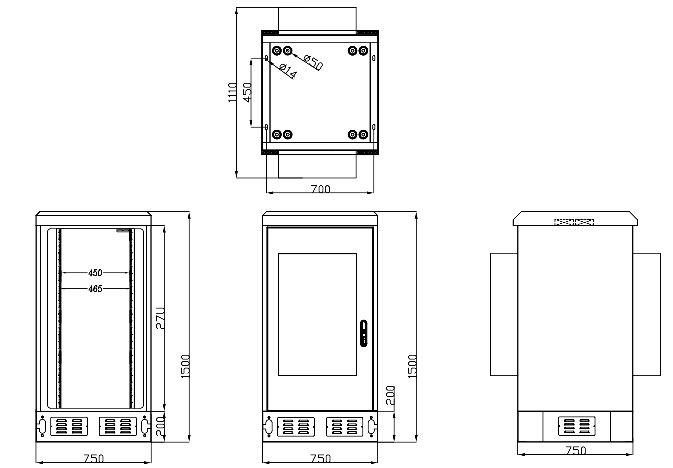 Insulated Steel 19" 27U Outdoor Telecom Cabinet Side Access