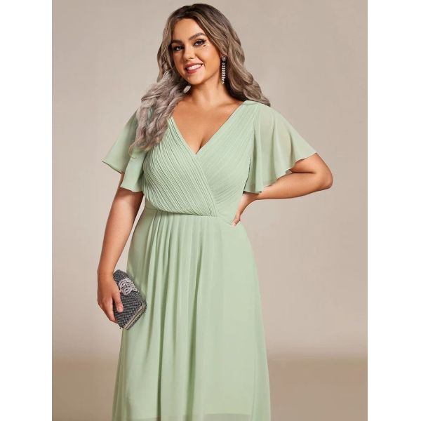 Empire Plus Size V-neck High-low A-line Short Sleeve Ruffled Mint Green Chiffon Wedding Guest Evening Dress