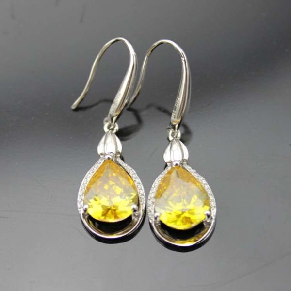 925 Silver Pear Shaped Yellow Citrine Cubic Zircon Dangle Earrings (PSJ03295)