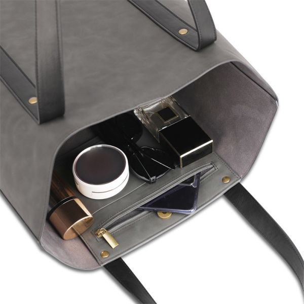 Printing Custom Shopping Bags Custom Zipper Pocket Leather Shopper Tote 13X5X15"