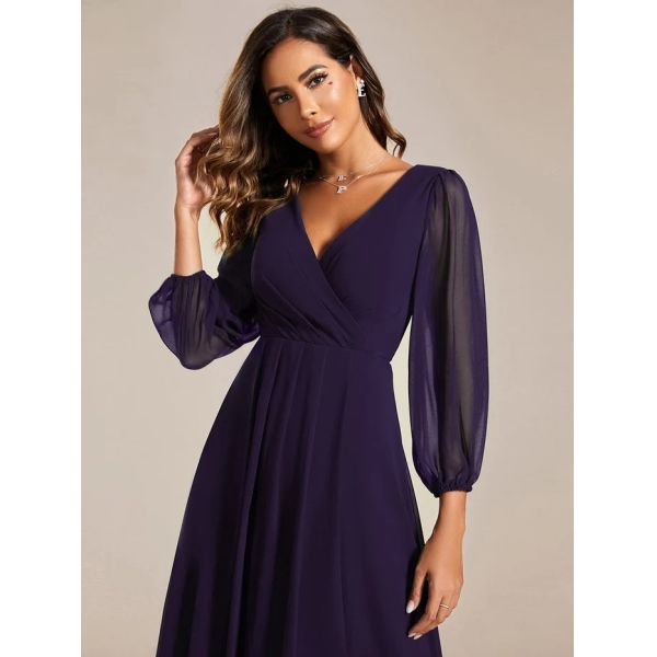 Elegant Empire Long Sleeve V-neck High Low A-line Ruffled Midi Dark Purple Chiffon Wedding Guest Cocktail Dress
