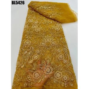 Luxury Pearl Lace Fabric Indian Handmade Beaded Sequin Embroidered Mesh Fabric