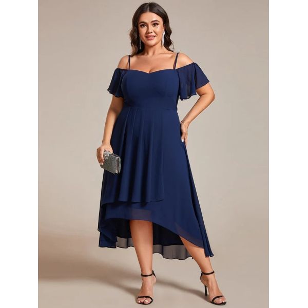 Empire Off-shoulder Spaghetti Strap Zipper High-low Wedding Guest Dresses Short Sleeves Navy Blue Chiffon Party Dress