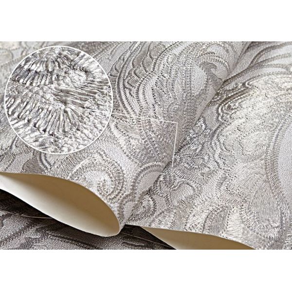 Eco - Friendly Silver Vinyl Removable Wallpaper With Floral And Leaf Pattern , 0.53*10M