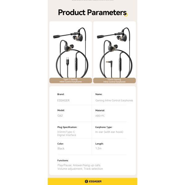 ESSAGER G62 In-Ear USB Type C Jack Aux 3.5mm Earphone Earbuds Wired Connection with OEM/ODM