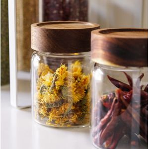 0.4L 0.5L Clear Glass Kitchen Canisters With Wooden Lids Engraving LOGO