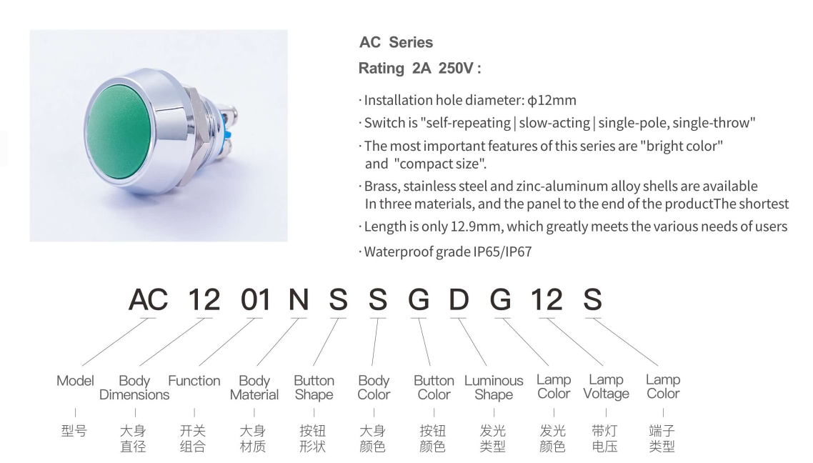 Arcolps AC12 Series ball metal button switch front view