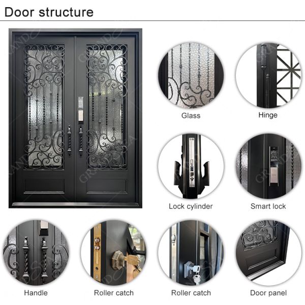 Modern Screen Custom Arches Top Exterior Front Double Entry Iron Glass Door Villa Front Entry Iron Pivot Door