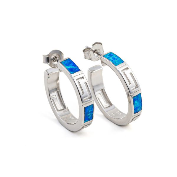 925 With Sterling Silver Greek Key Blue Meander Vintage Sterling Opal Ring Hoop Earrings