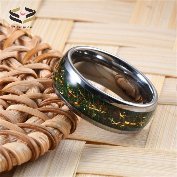 Opal Gold Foil Green Box Elder Wood Inlay Dome 8mm High Polished Tungsten Carbide Ring for Men Wedding Band