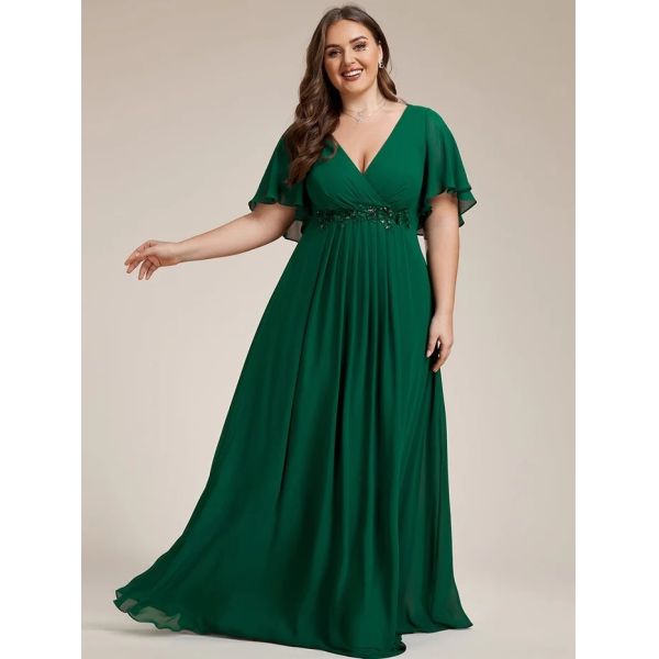 Empire Plus Size Applique Short Sleeve A-line V-neck Flutter Sleeves Invisible Zipper Dusty Navy Chiffon Bridesmaid Dres