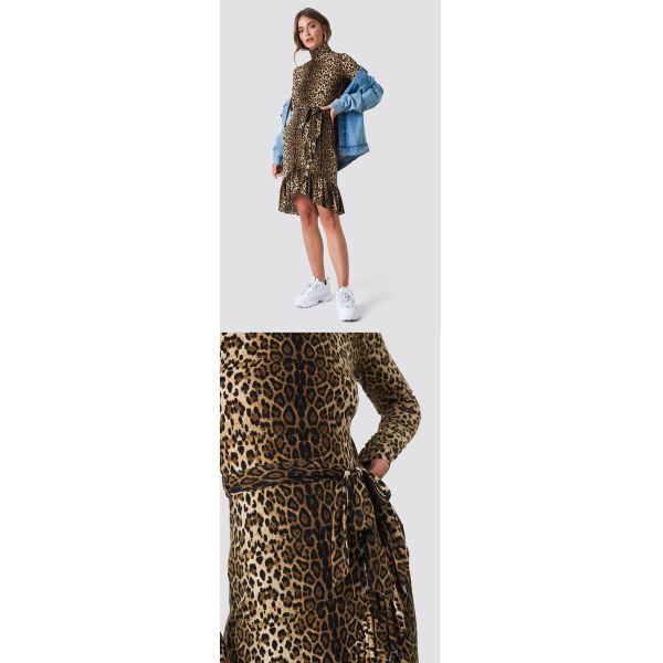 Autumn Fashion Women Long Sleeve And High Neck Leo Polo Dress Brown