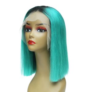 Brazilian Colored Bob Wigs 1B Lake Bule # 13x4 Lace Closure Soft And Smooth