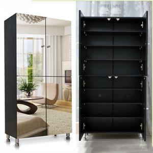 Black Melamine MDF 8 Layer Nordic Mirrored Shoe Cabinet