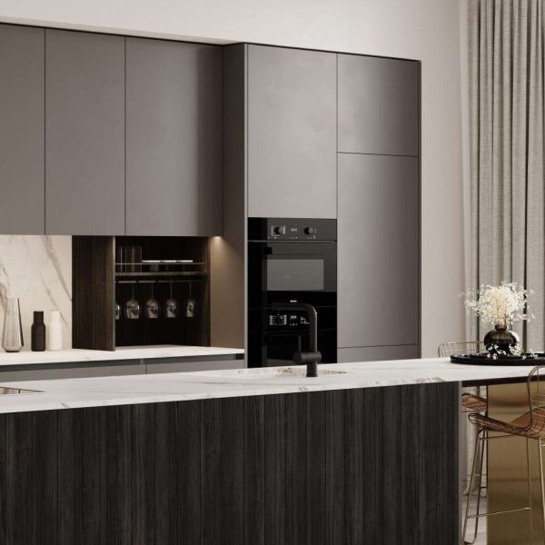 Building Project Modern Island Kitchen Black And White E0 Melamine Modular Kitchen Cabinet