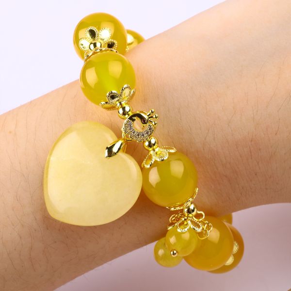 14MM Natural Energy Yellow Chalcedony With Yellow Jade Heart Carving Lucky Crystal Bead Bracelet
