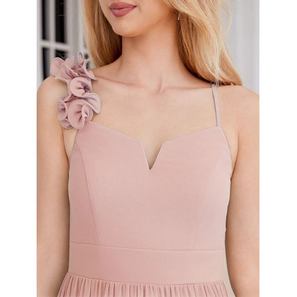 Elegant V-neck Floral Strap Empire A-line Waist Pink Chiffon Bridesmaid Dress