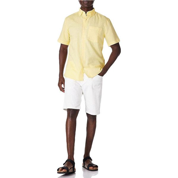 Linen Cotton Mens Breathable Button Up Shirts Light Yellow Short Sleeve Shirt