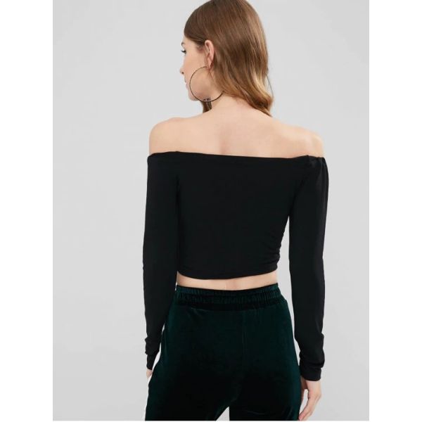 Women Off Shoulder And Long Sleeve Drawstring Front Crop T-shirt