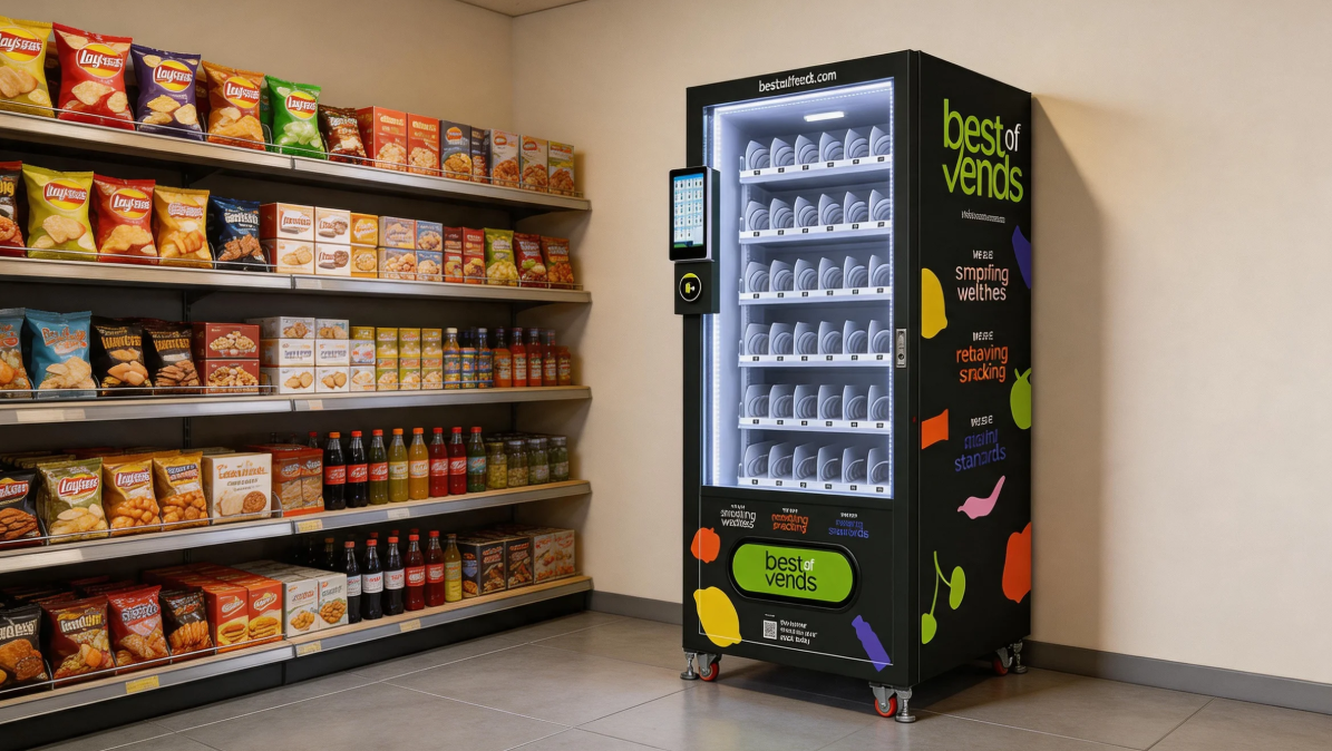 Snack and beverage vending machines can be placed inside shopping malls and occupy a small footprint.
