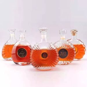 Glass Flat Round Fan Shaped Xo Brandy Bottle Clear White Wave Surface Spirits