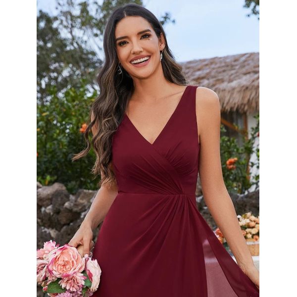 Unique High-low Ruffles V-neck Waist Pleating Two Straps Burgundy Chiffon Pleated Lotus Leaf Sleeveless Prom Dress