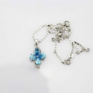 Sterling Silver Chain Necklace with Blue Cubic Zirconia Quatrefoil Charm Pendant