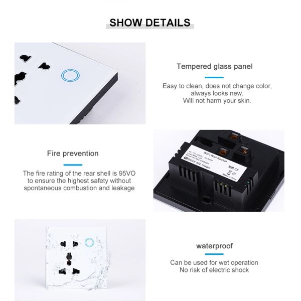 10A White Glass Wall Sockets Waterproof