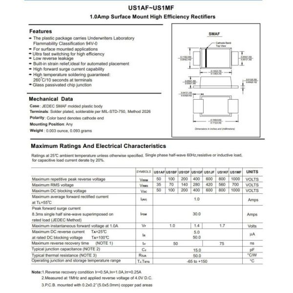 1A Us1af Thru Us1mf High Efficiency Rectifier Diode Smaf Package