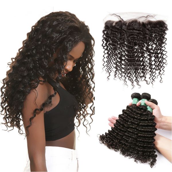 Buy Smooth Deep Wave Bundles With Lace Frontal 8A Virgin Brazilian Hair / Soft Black Human Hair at wholesale prices