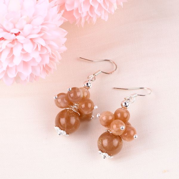 Handmade Crystal Stone Earrings Sunstone Beaded Earrings Gemstone Flower Pendant Earrings