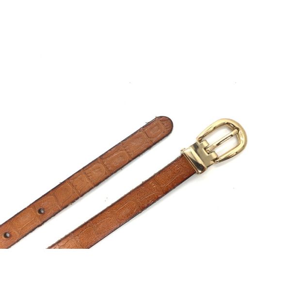 Female Chic Dress Belt Croco Embossed Genuine Leather With Polished Gold Buckle