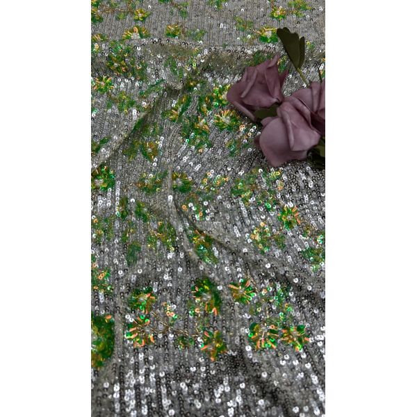 Green And White Sequin Embroidered Fabric Lace Fabric New Collections for Garments Gowns