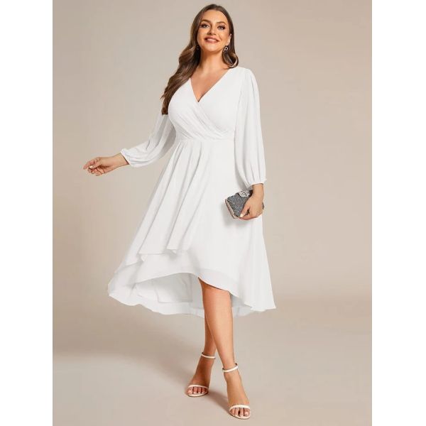 Plus Size Ruffled A-line Long Sleeve V-neck High Low Wedding Guest White Chiffon Party Dress