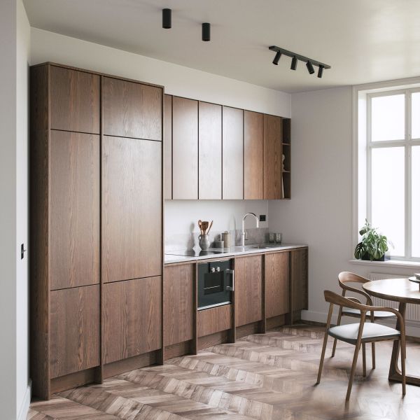 Buy Modern Apartment Frame-line Door Panel Wooden Veneer Matt Lacquer Kitchen Cabinets at wholesale prices