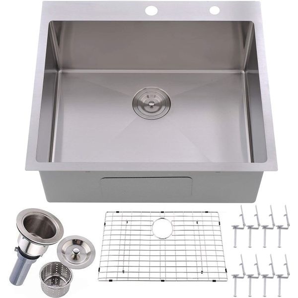 25'' Top Mount Stainless Steel Kitchen Sink Deep Bowl With Two Holes