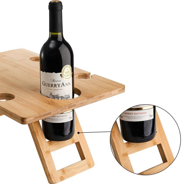 Portable Outdoor Indoor Wooden Bamboo Folding Picnic Tray Table for Snacks and Wine